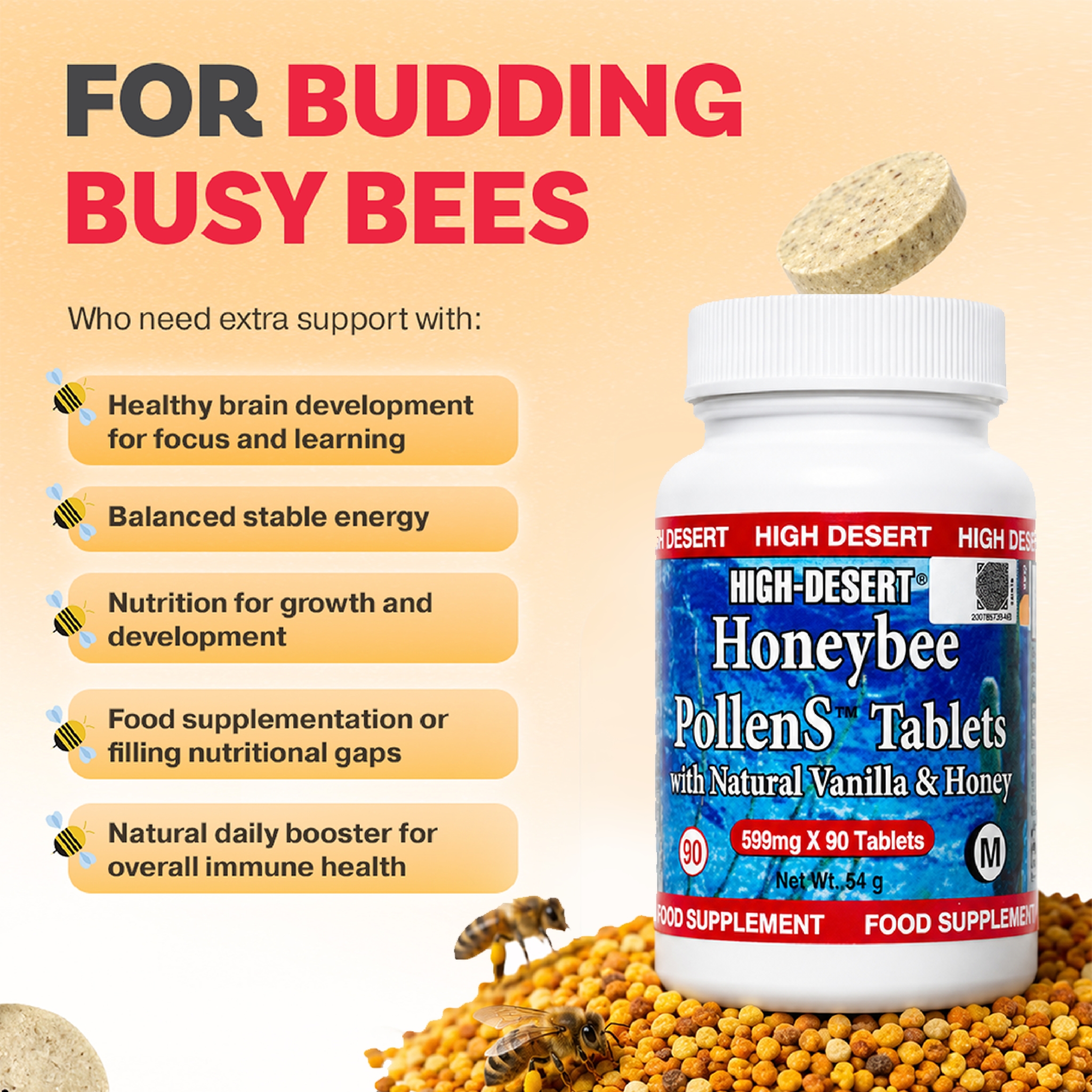 HDI KIDS™ HoneyBee PollenS - Supports Focus, Cognitive Development & Immunity - Kesihatan Kanak-Kanak - 60 Tablets