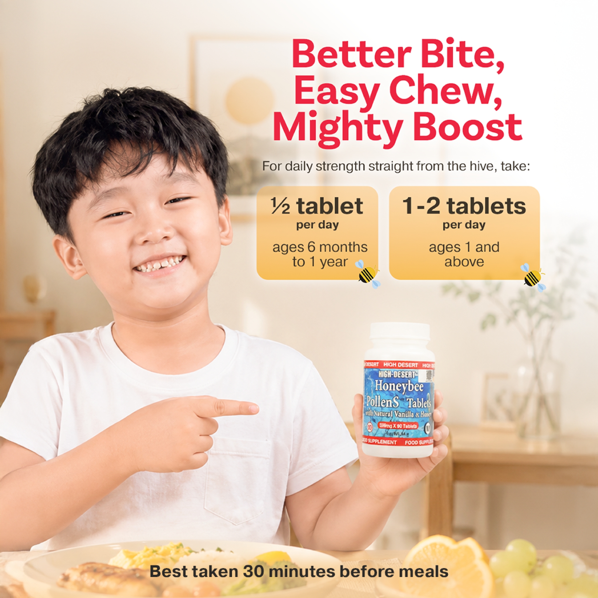 HDI KIDS™ HoneyBee PollenS - Supports Focus, Cognitive Development & Immunity - Kesihatan Kanak-Kanak - 60 Tablets