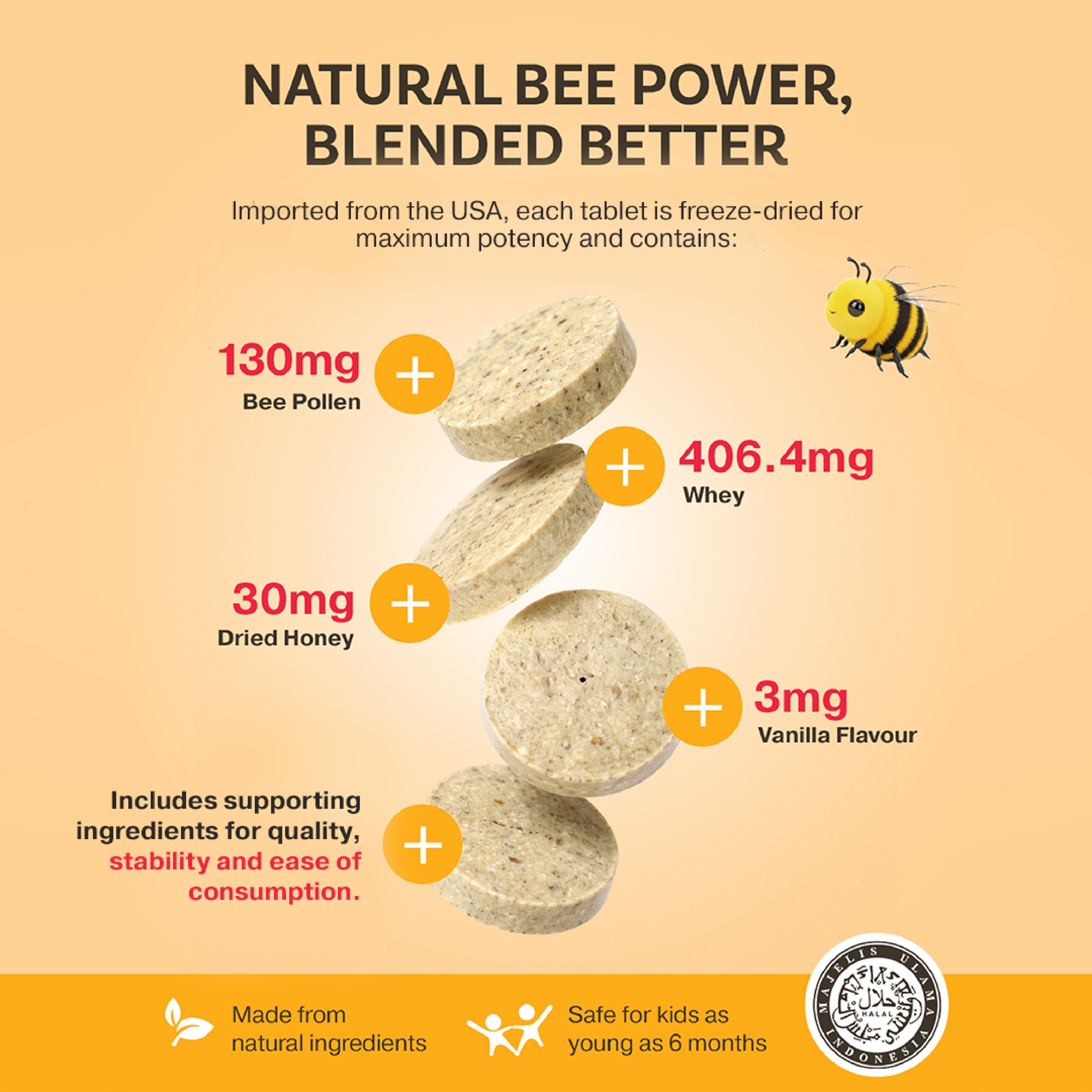 HDI KIDS™ HoneyBee PollenS - Supports Focus, Cognitive Development & Immunity - Kesihatan Kanak-Kanak - 60 Tablets