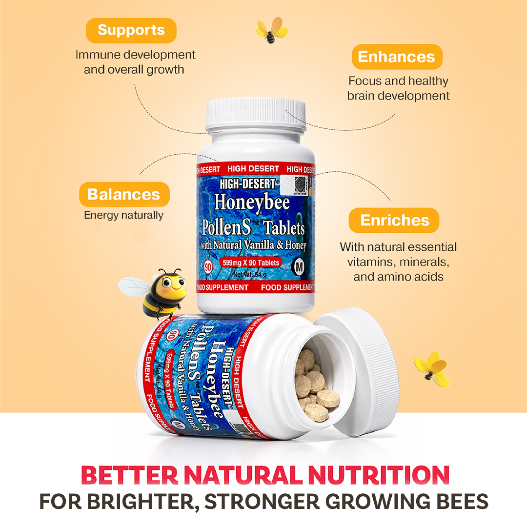 HDI KIDS™ HoneyBee PollenS - Supports Focus, Cognitive Development & Immunity - Kesihatan Kanak-Kanak - 60 Tablets