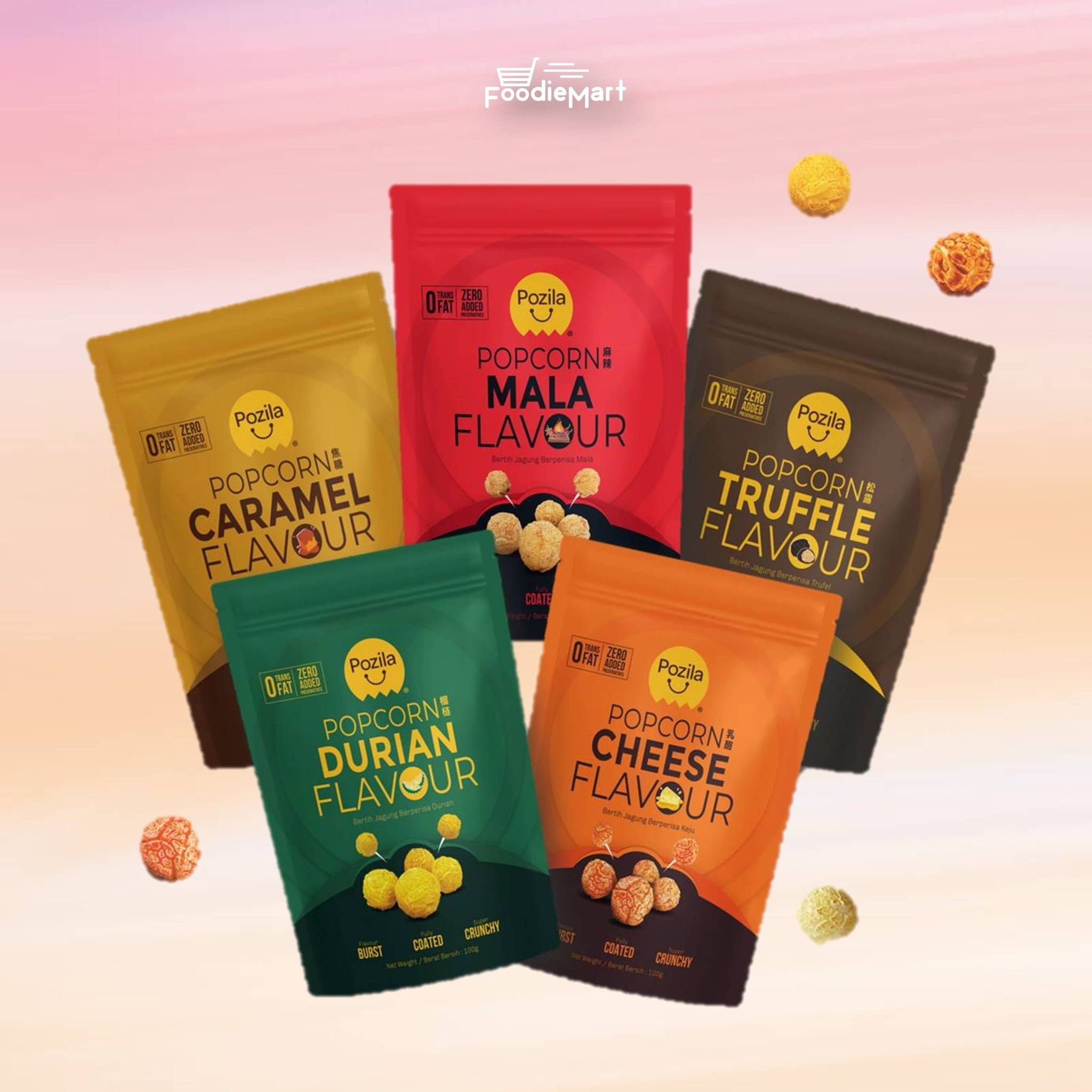 FOODIEMART Pozila Popcorn 100g Combo of 5 Packets (Caramel, Cheese, Durian, Mala & Truffle) image