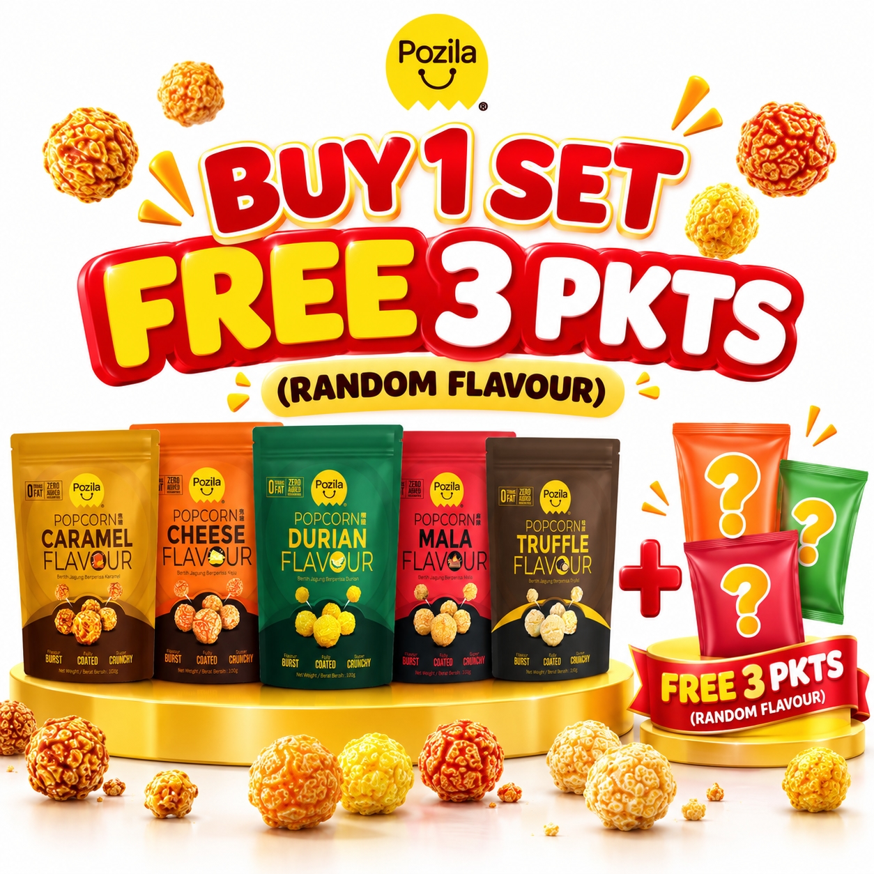 [BUY 1 SET FREE 3 PACKS (Random Flavours] FOODIEMART Pozila Popcorn 100g Combo of 5 Packets (Caramel, Cheese, Durian, Mala & Truffle) image