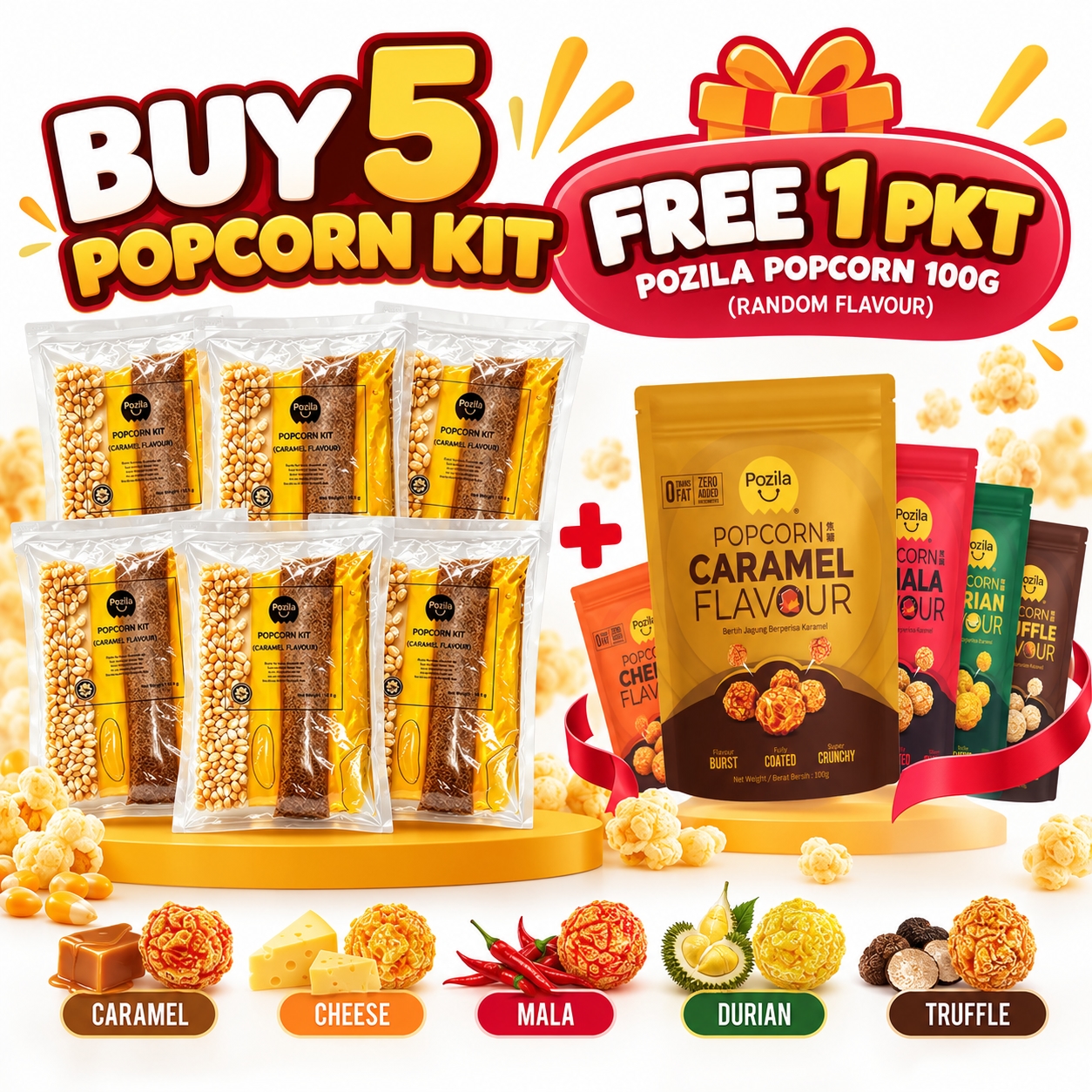 [BUY 5 FREE 1 (Random Flavour)] FOODIEMART Pozila Popcorn Kit 1 Packet image