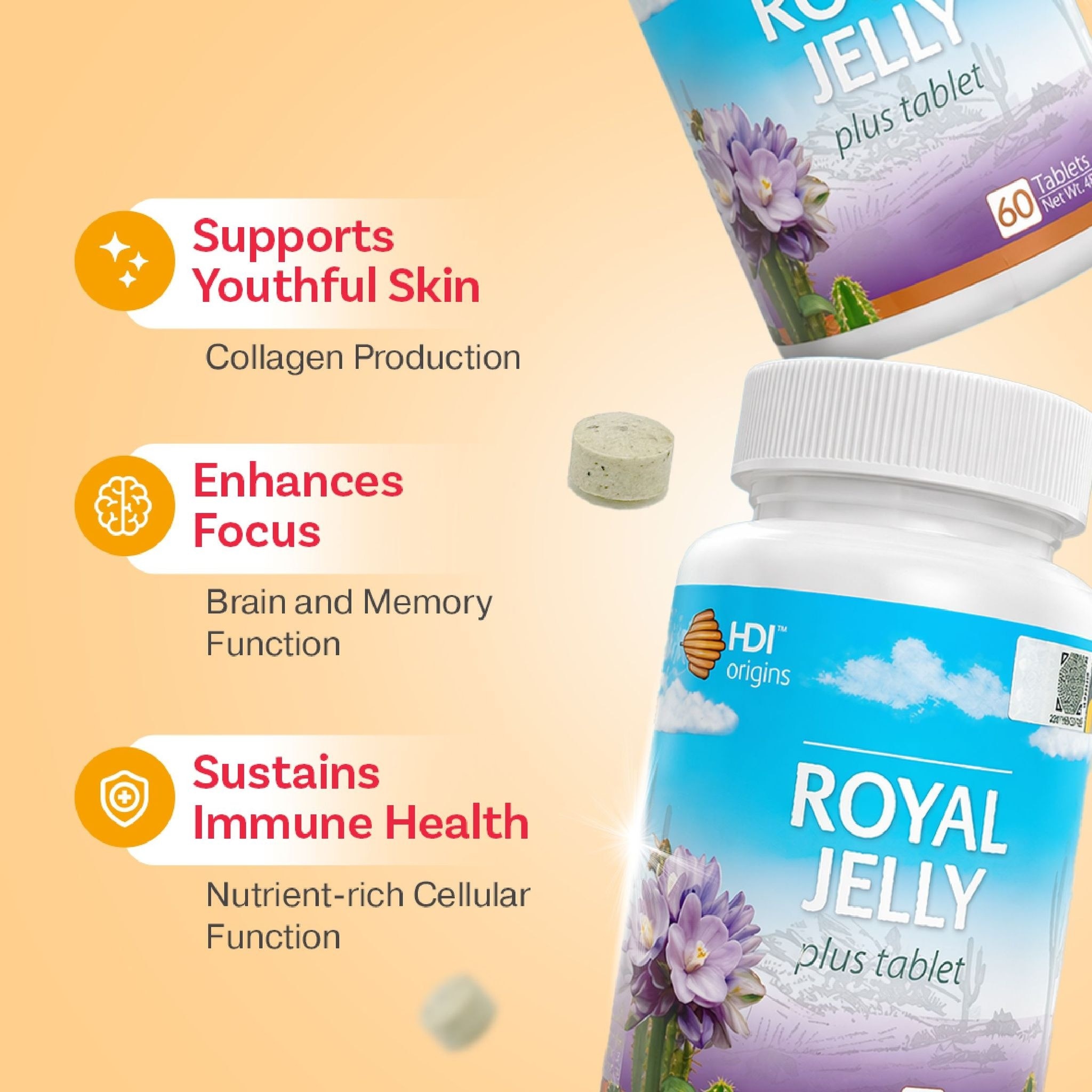 HDI Origins™ Royal Jelly Plus - Freeze-dried to preserve nutrients - Anti-aging Supports Brain - Awet Muda - 60 Tablets