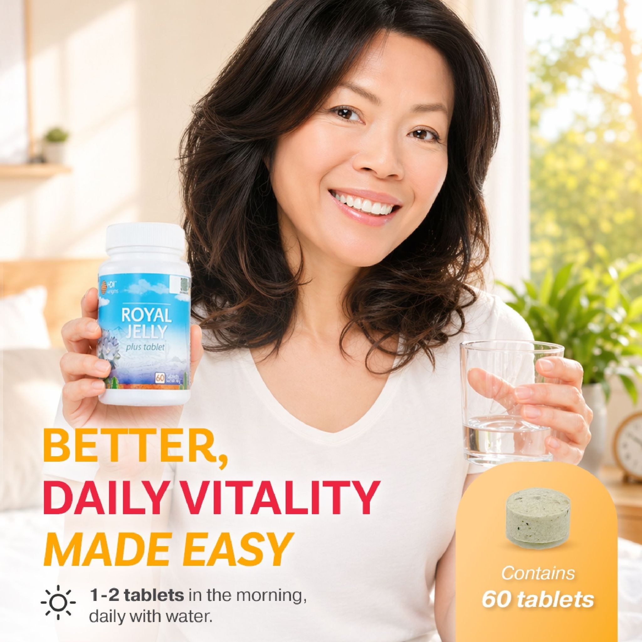 HDI Origins™ Royal Jelly Plus - Freeze-dried to preserve nutrients - Anti-aging Supports Brain - Awet Muda - 60 Tablets