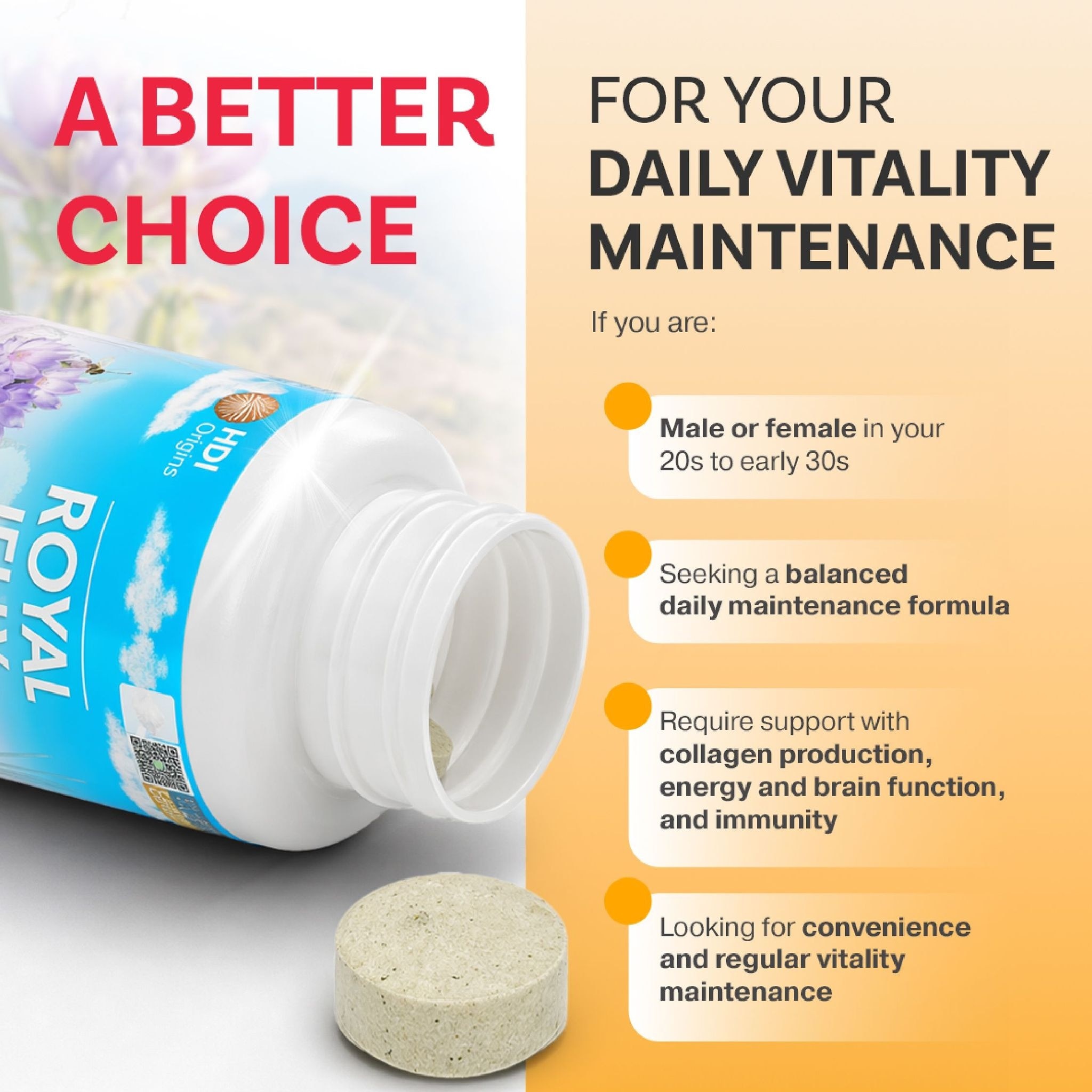 HDI Origins™ Royal Jelly Plus - Freeze-dried to preserve nutrients - Anti-aging Supports Brain - Awet Muda - 60 Tablets