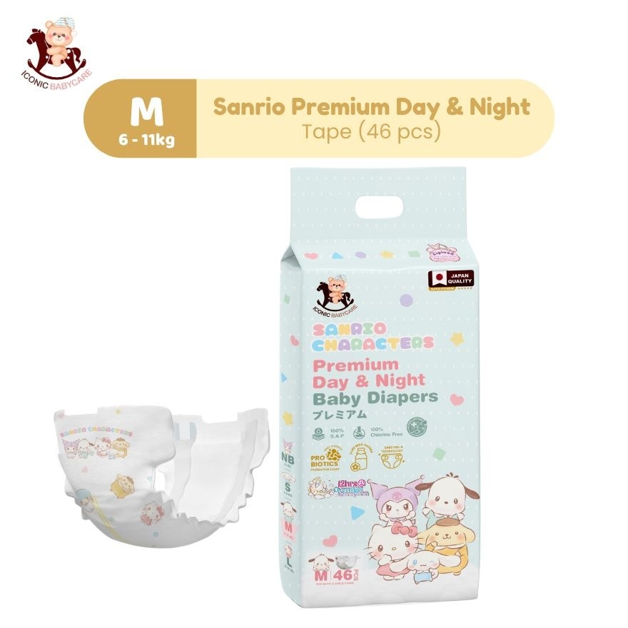 Sanrio Premium Day & Night Baby Diapers - Tape M 46pcs
