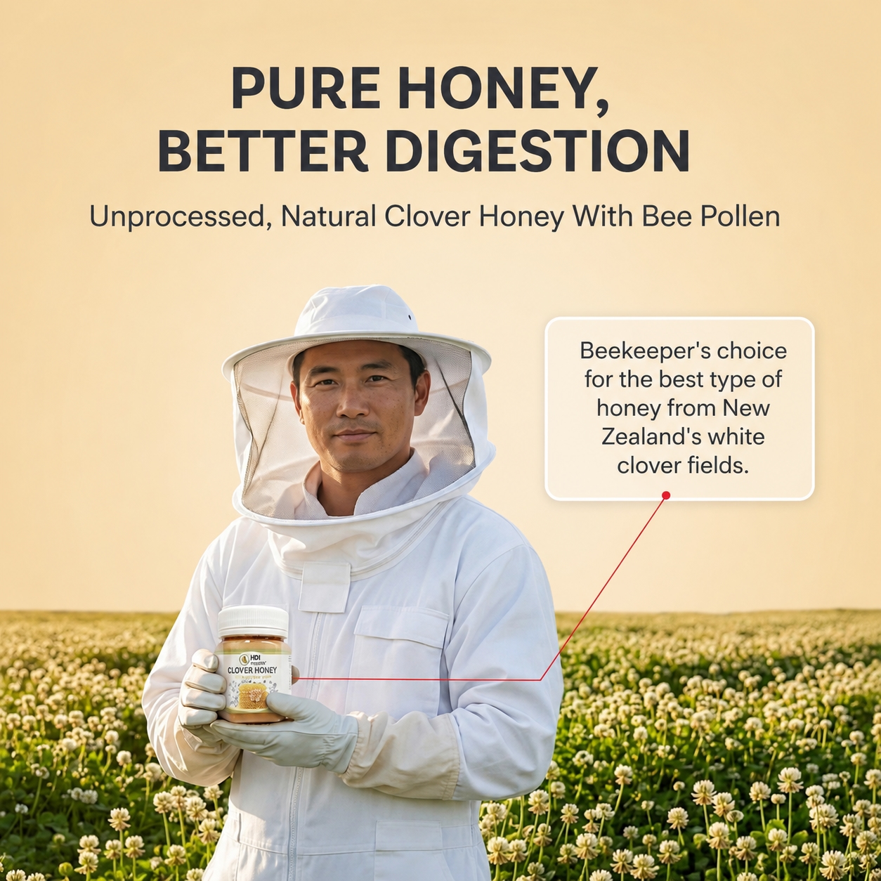 HDI Naturals™ Pure Clover Honey with Honeybee Pollen - Madu Asli dari New Zealand - 1kg