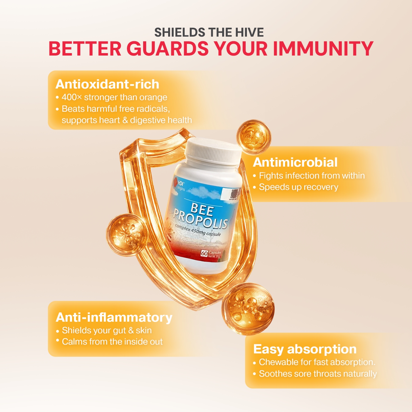 HDI Origins™ Bee Propolis Complex - Supports Immune Health Body Natural Recovery - Imunisasi Daya Tahan Tubuh - 60 Caps