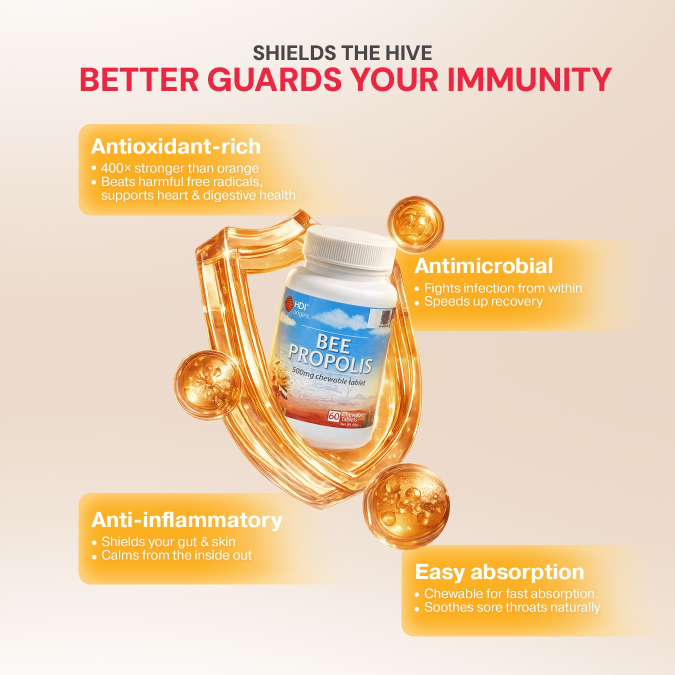 HDI Origins™ Bee Propolis Chewable - Supports Immune Health Body Natural Recovery - Imuniti - 60 Tab
