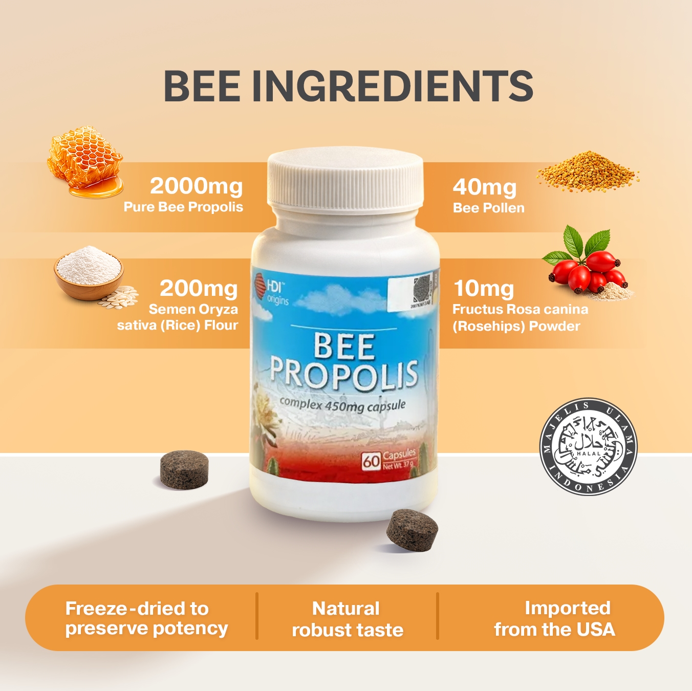 HDI Origins™ Bee Propolis Complex - Supports Immune Health Body Natural Recovery - Imunisasi Daya Tahan Tubuh - 60 Caps