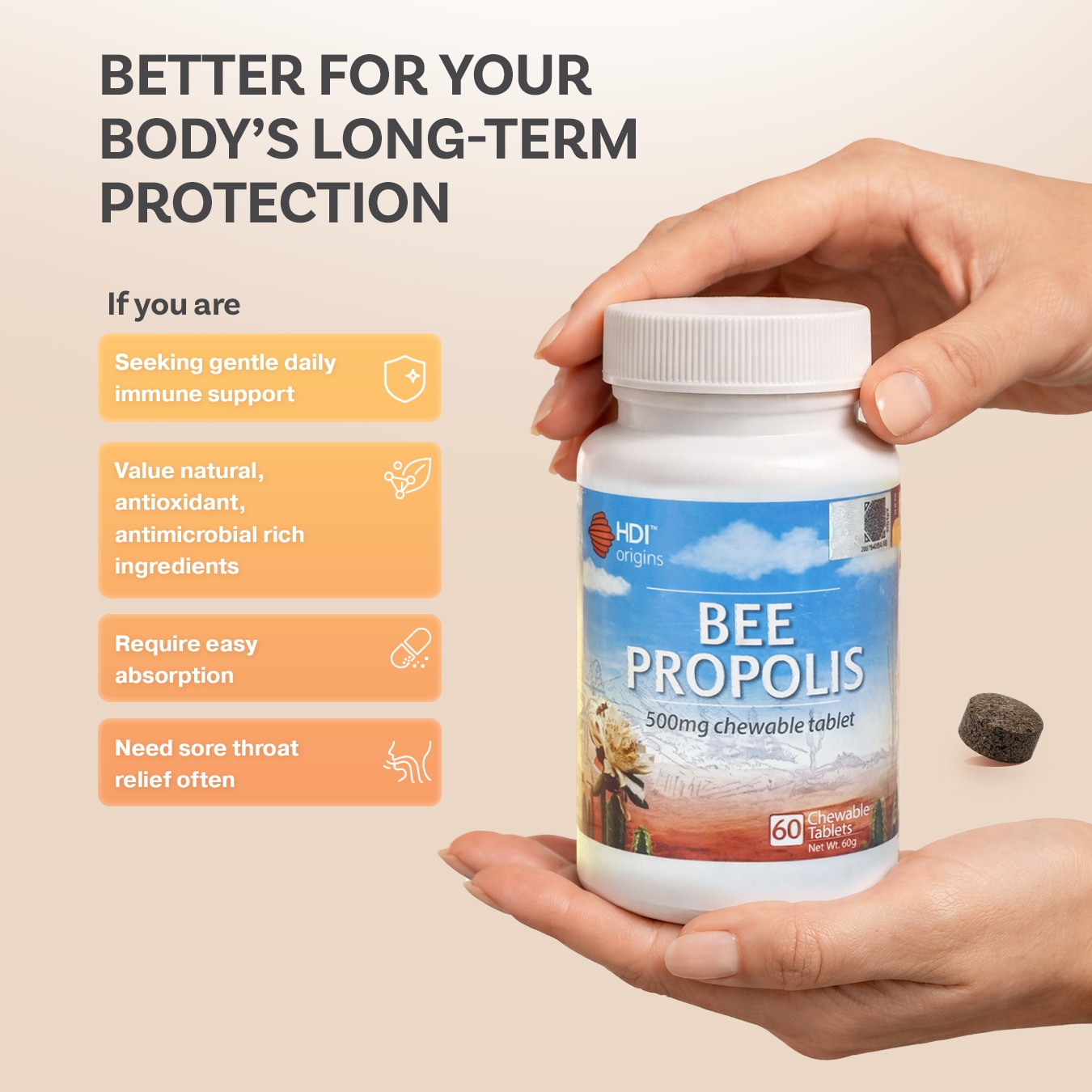 HDI Origins™ Bee Propolis Chewable - Supports Immune Health Body Natural Recovery - Imuniti - 60 Tab