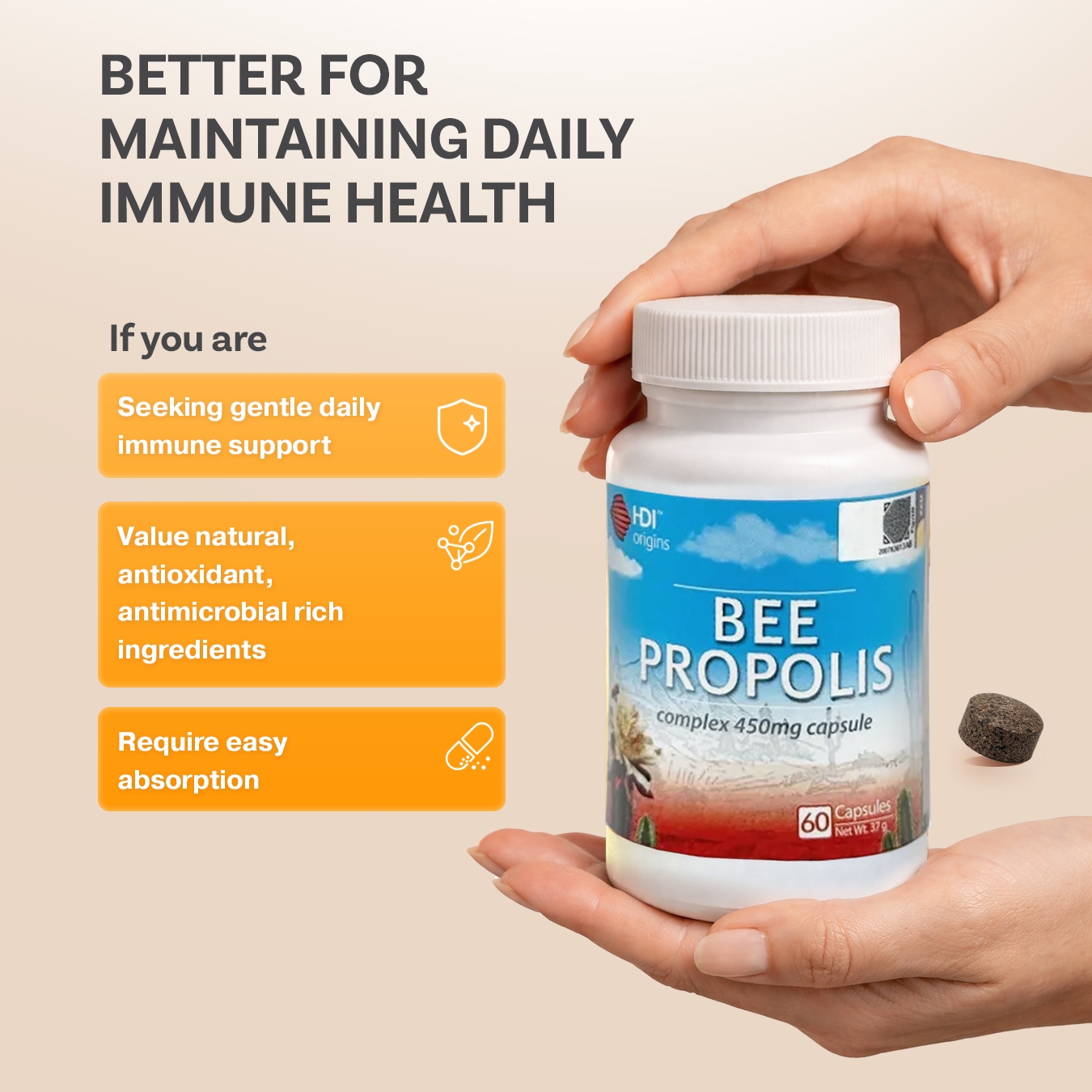 HDI Origins™ Bee Propolis Complex - Supports Immune Health Body Natural Recovery - Imunisasi Daya Tahan Tubuh - 60 Caps