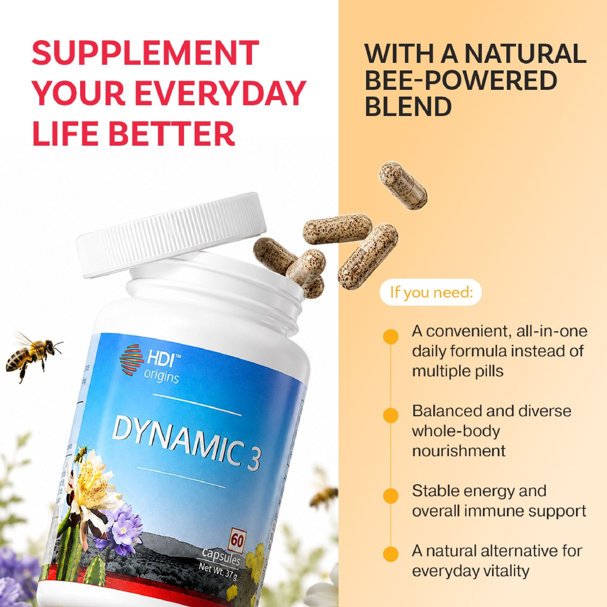 HDI Origins™ Dynamic 3 - 3-in-1 Bee Superfood - Support Immunity, Energy & Vitality - Immuniti & Tenaga - 60 Capsules