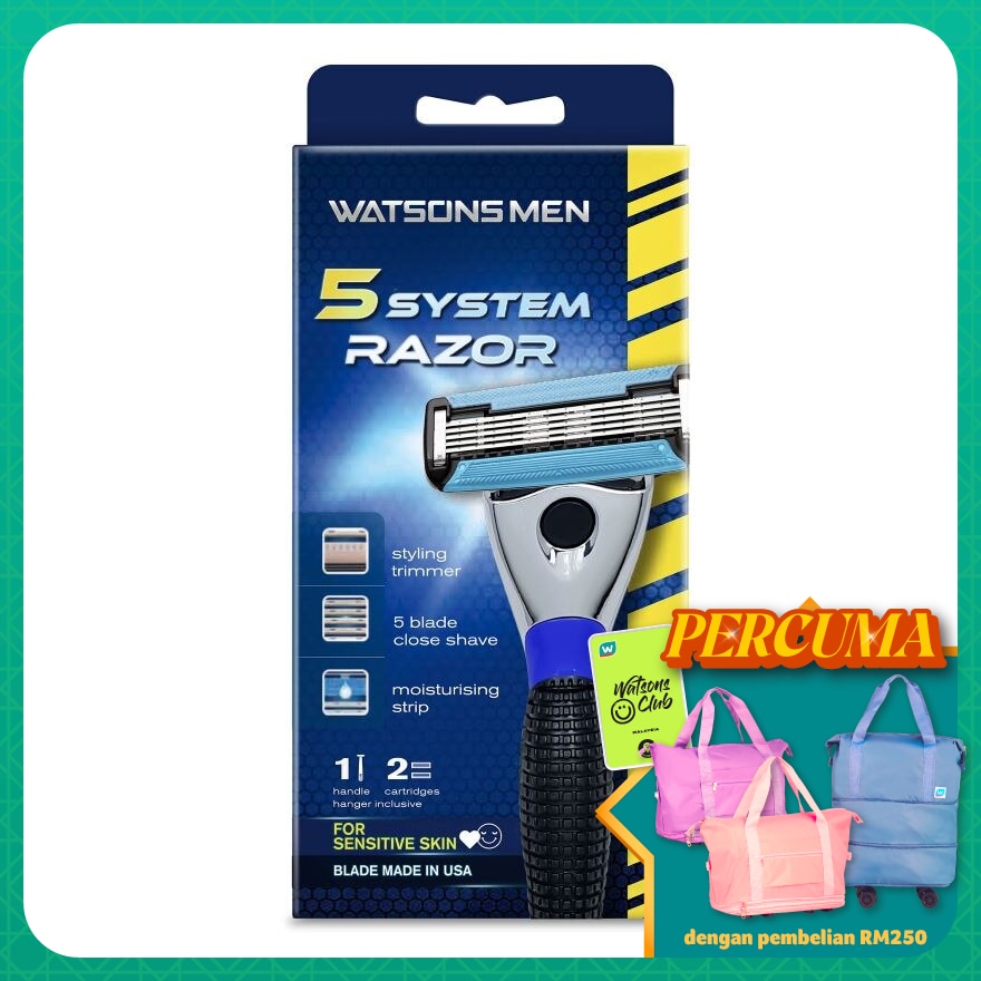 Men 5-Blade System Razor (1 Handle + 2 Cartridges)