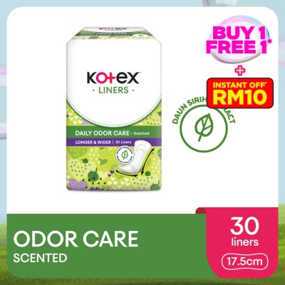 KOTEX Longer & Wider Scented Pantyliner 17.5cm (30s) - Odor Care with Daun Sirih Extract Liners
