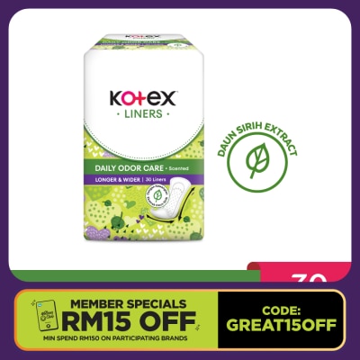 KOTEX Longer & Wider Scented Pantyliner 17.5cm (30s) - Odor Care with Daun Sirih Extract Liners