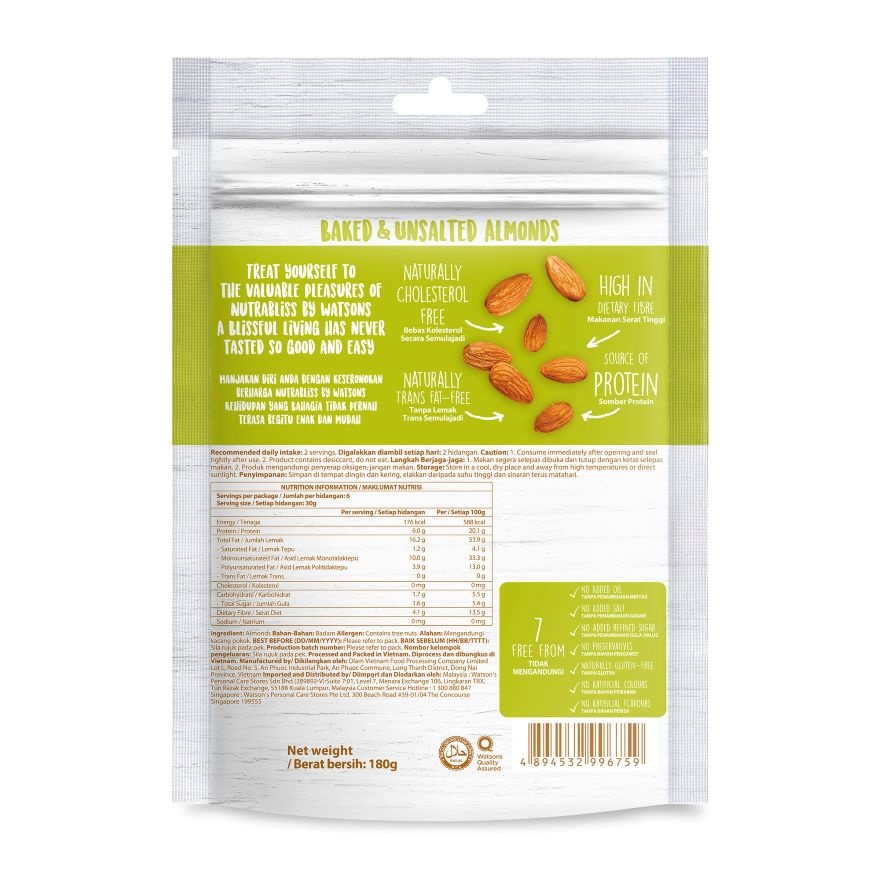 Nutrabliss By Watsons Baked & Unsalted Almonds 180g