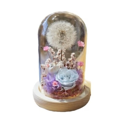 SNOWY FLOWER Bunny Aurora Preserved Dandelion Glass Dome