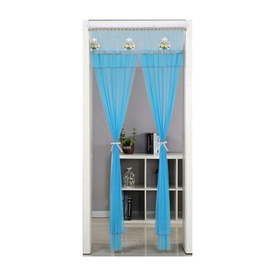 Blue Modern Lace Floral Door Curtains with Double Layers