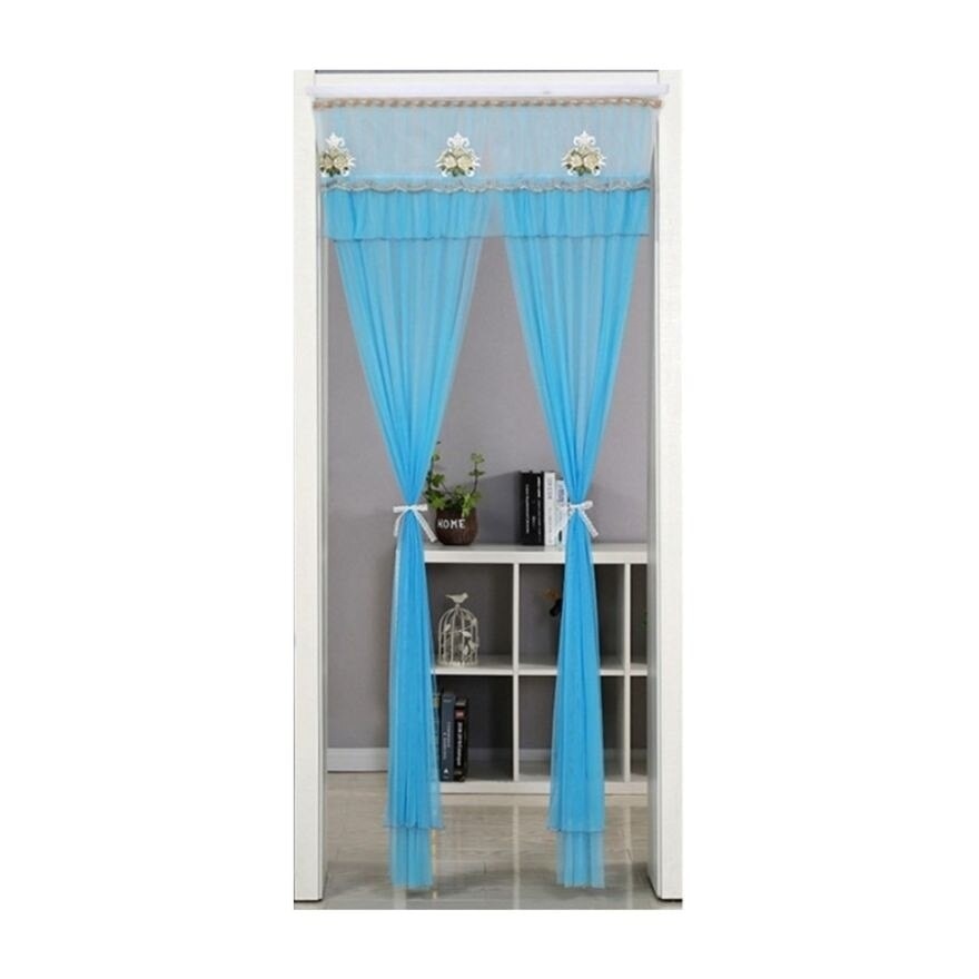 Blue Modern Lace Floral Door Curtains with Double Layers