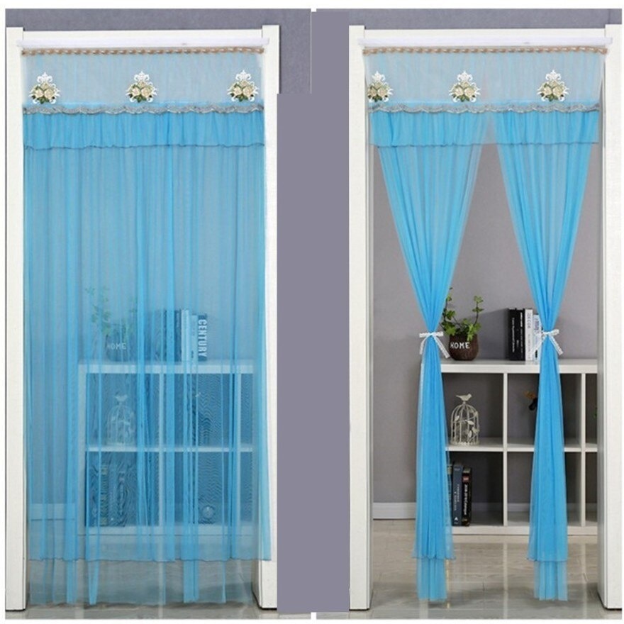 Blue Modern Lace Floral Door Curtains with Double Layers