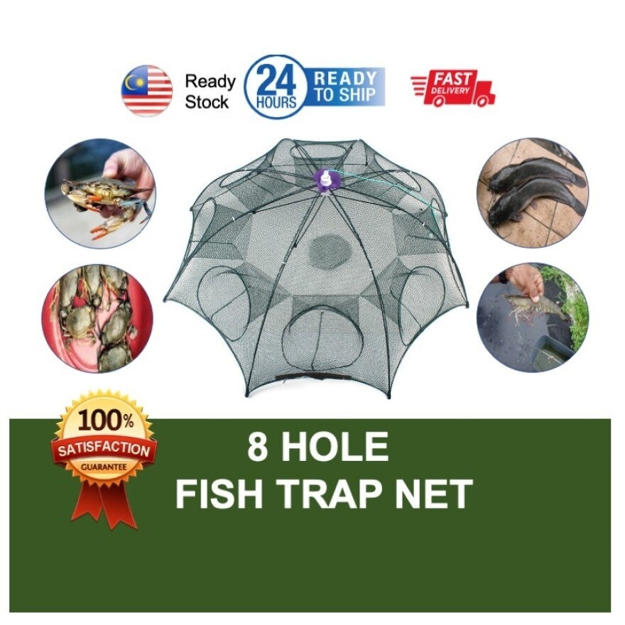 8 Hole Fish Trap Cage Net Portable Nylon Automatic