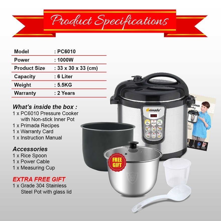 PRIMADA Pressure Cooker 6 Liter Dual Pot PC6010 Watsons Malaysia