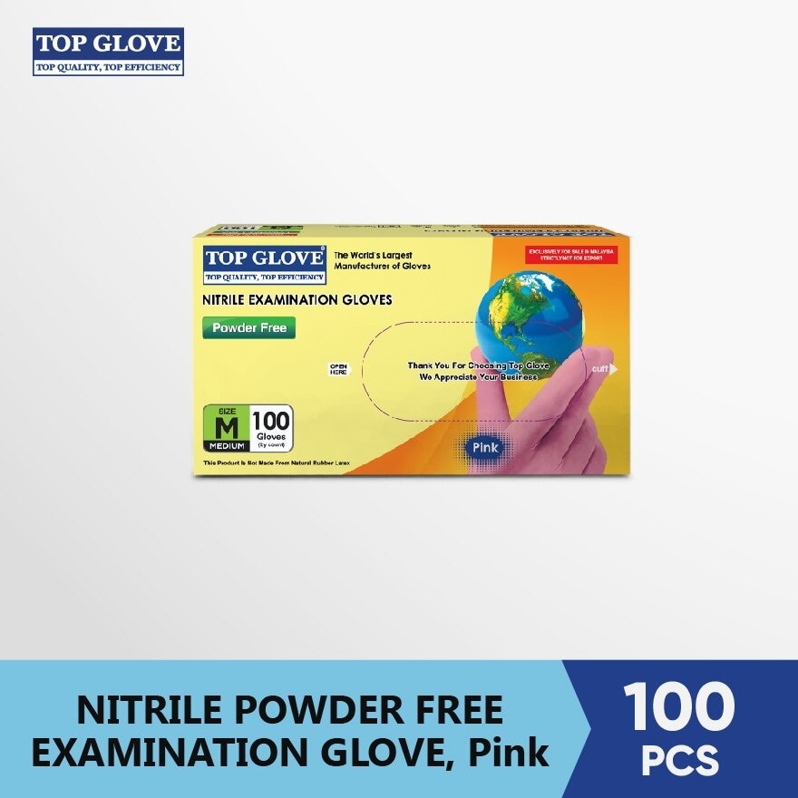 Nitrile Examination Powder Free Gloves, Pink M 100's