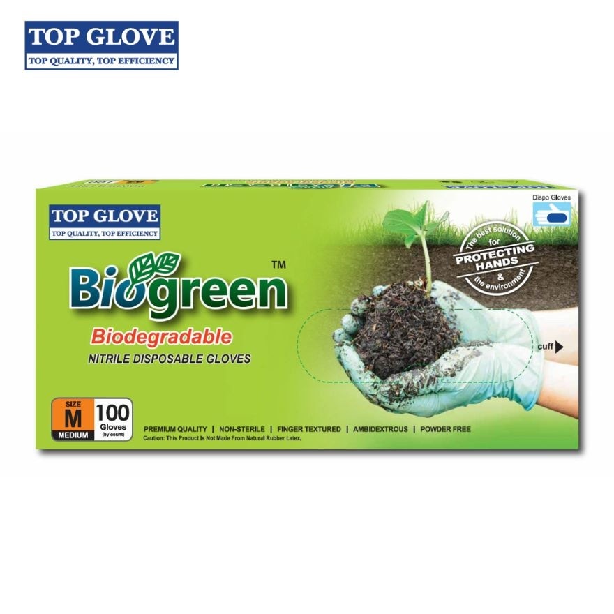 BioGreen® Biodegradable Nitrile Disposable Powder Free Gloves, M 100's