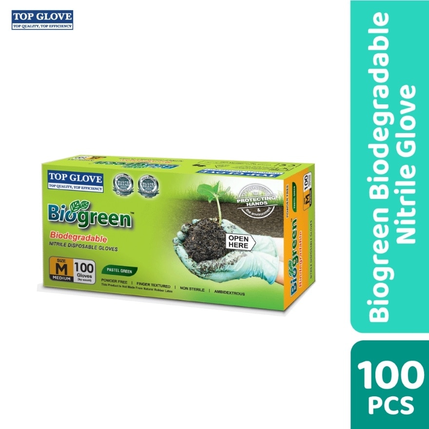 BioGreen® Biodegradable Nitrile Disposable Powder Free Gloves, M 100's