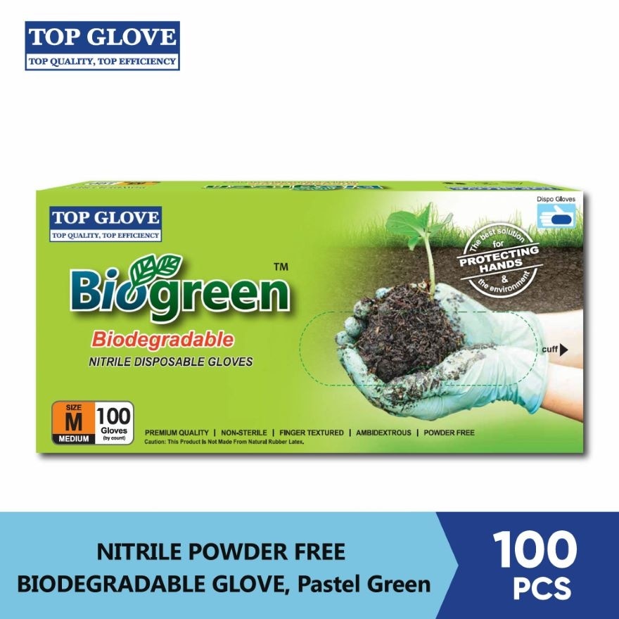 BioGreen® Biodegradable Nitrile Disposable Powder Free Gloves, M 100's