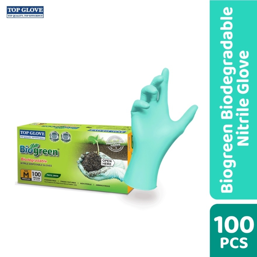 BioGreen® Biodegradable Nitrile Disposable Powder Free Gloves, M 100's