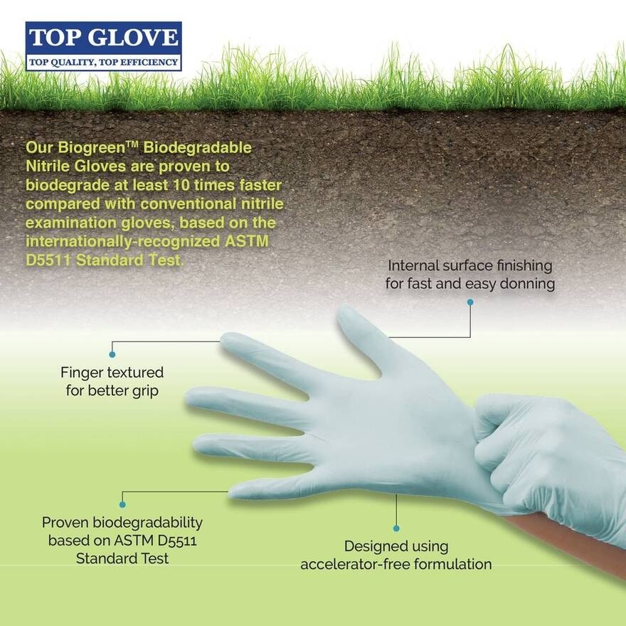 BioGreen® Biodegradable Nitrile Disposable Powder Free Gloves, M 100's