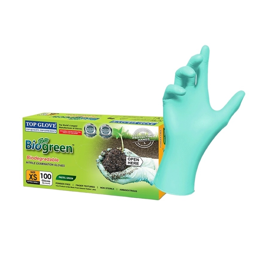 BioGreen® Biodegradable Nitrile Examination Powder Free Gloves, XS 100's