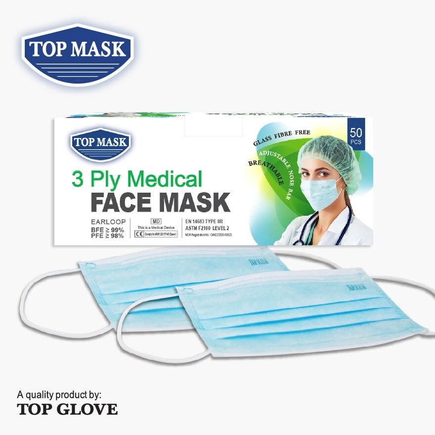 Top Mask 3 Ply Medical Face Mask, Blue