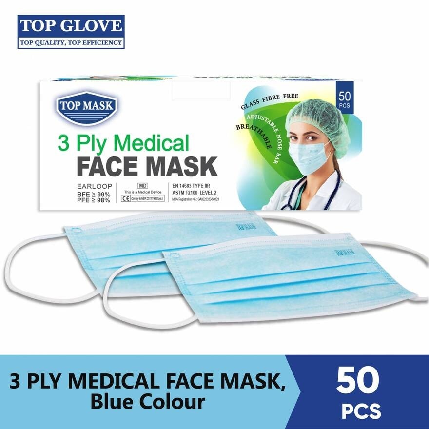 Top Mask 3 Ply Medical Face Mask, Blue