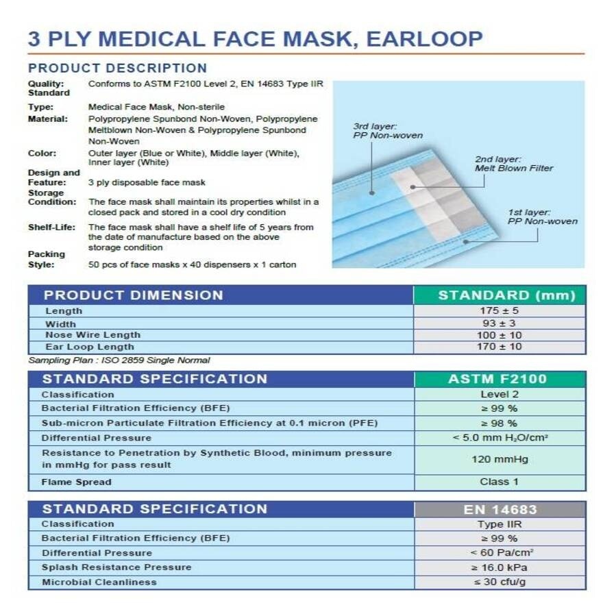 Top Mask 3 Ply Medical Face Mask, Blue