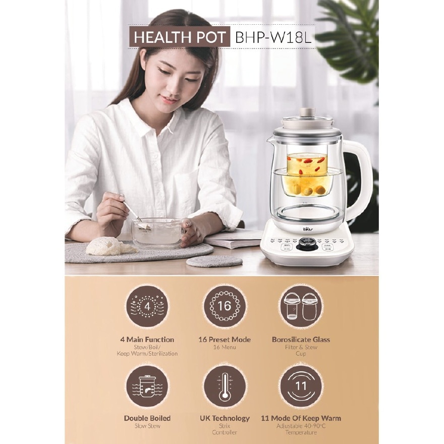 Health Pot Electric Glass Kettle (1.8L) BHP-W18L