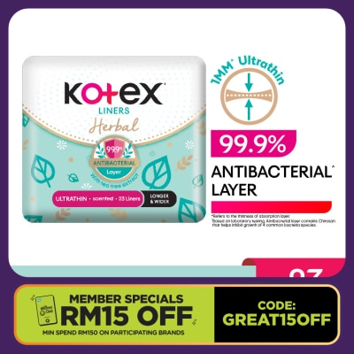 KOTEX Herbal Anti-Bacterial Ultrathin Panty Liners 17.5cm (23s) - Odor Care with Tea Tree Extract Liners