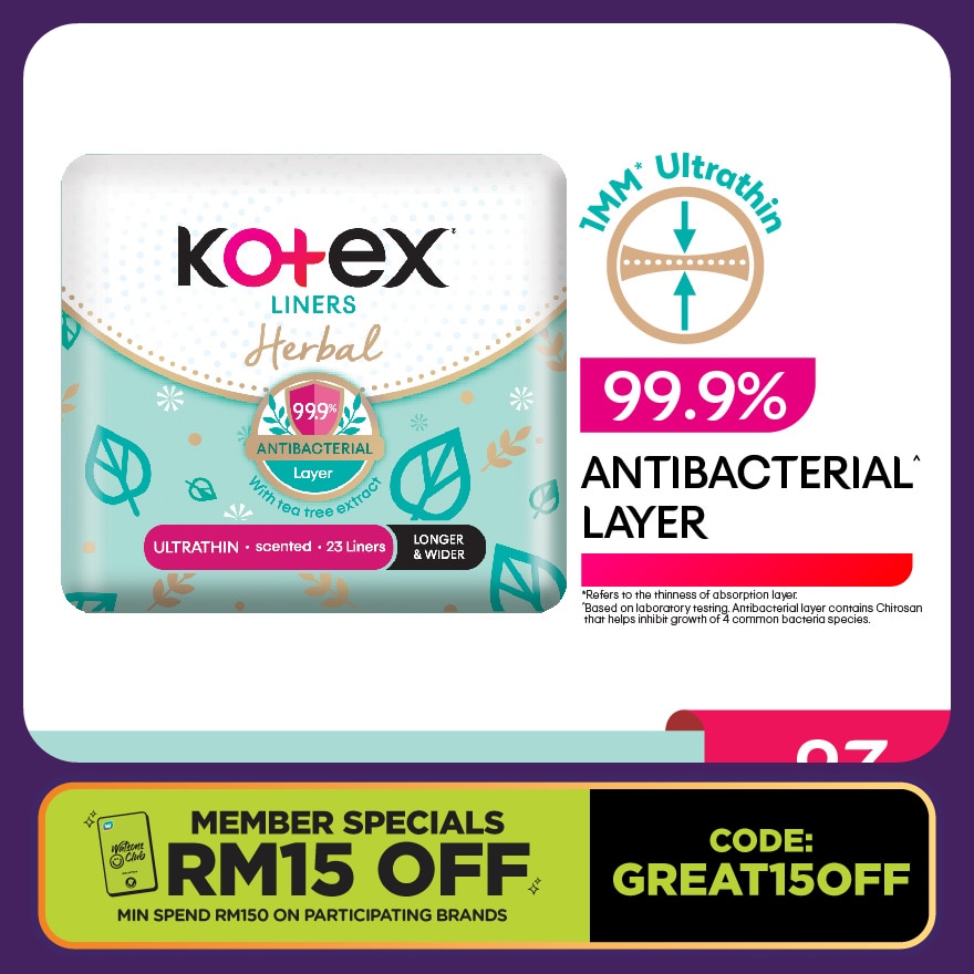 Herbal Anti-Bacterial Ultrathin Panty Liners 17.5cm (23s) - Odor Care with Tea Tree Extract Liners