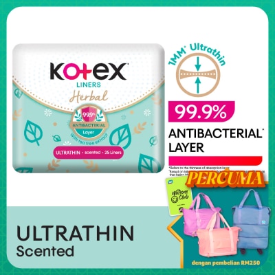 KOTEX Herbal Anti-Bacterial Ultrathin Panty Liners 15cm (25s) - Odor Care with Tea Tree Extract Liners