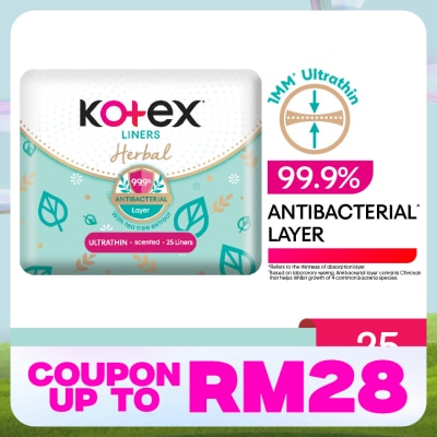 KOTEX Herbal Anti-Bacterial Ultrathin Panty Liners 15cm (25s) - Odor Care with Tea Tree Extract Liners