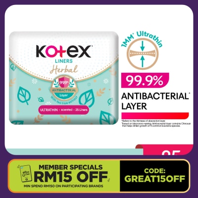 KOTEX Herbal Anti-Bacterial Ultrathin Panty Liners 15cm (25s) - Odor Care with Tea Tree Extract Liners
