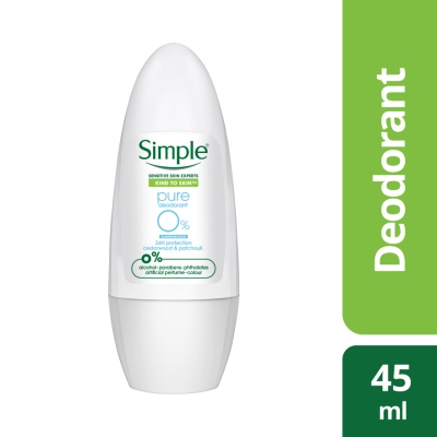 SIMPLE - 0% Aluminum Salts Pure Deodorant Roll-On, Clean, Natural & Fresh Underarm Protection 45ml