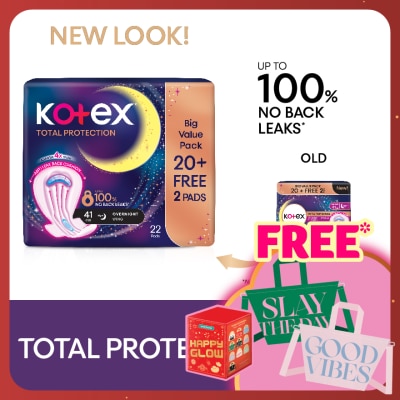 KOTEX Total Protection Overnight Wing Pad 41cm (22s) - Sanitary Pad that prevents up to 100% No Back Leaks