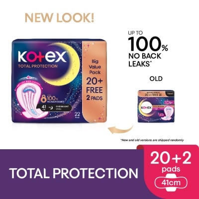 KOTEX Total Protection Overnight Wing Pad 41cm (22s) - Sanitary Pad that prevents up to 100% No Back Leaks