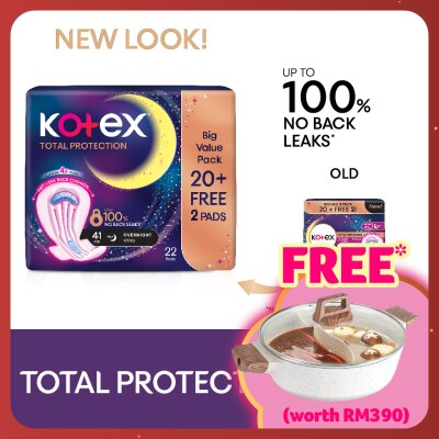 KOTEX Total Protection Overnight Wing Pad 41cm (22s) - Sanitary Pad that prevents up to 100% No Back Leaks
