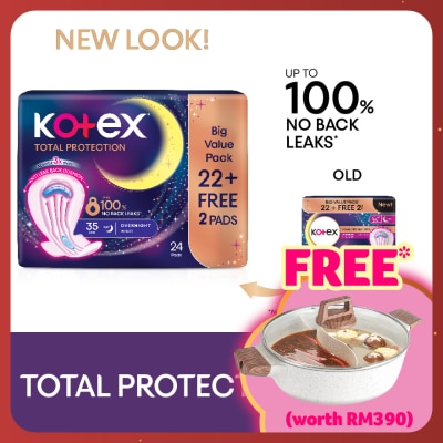 KOTEX Total Protection Overnight Wing Pad 35cm (24s) - Sanitary Pad that prevents up to 100% No Back Leaks