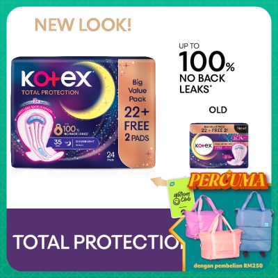 KOTEX Total Protection Overnight Wing Pad 35cm (24s) - Sanitary Pad that prevents up to 100% No Back Leaks